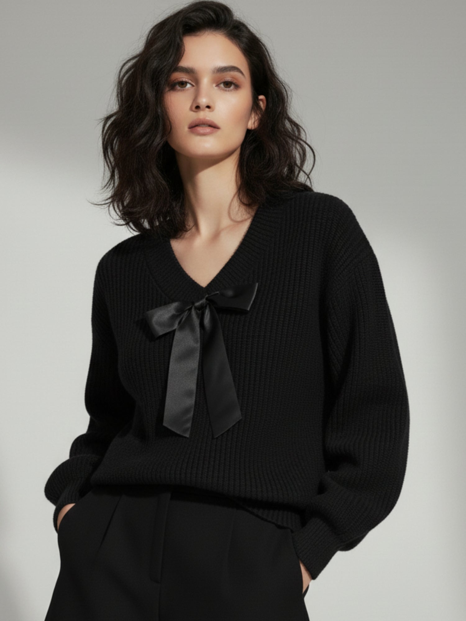 Black Full Sleeve V Neck Front Bow Sweater