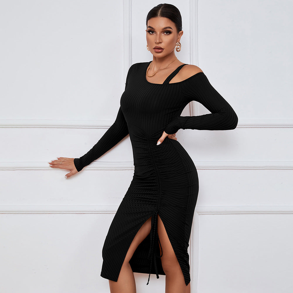 Black Full Sleeve Cold Shoulder Front Ruched Dress
