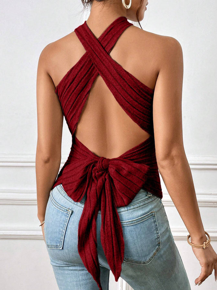 Burgundy High Neck Tank With Back Tie Up Bow