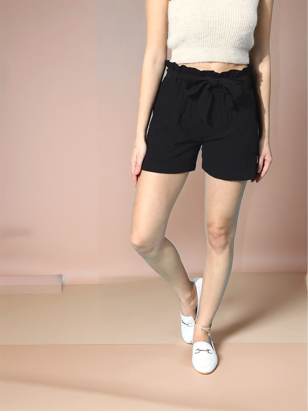 Black Elasticated Waist Tie-Up Shorts