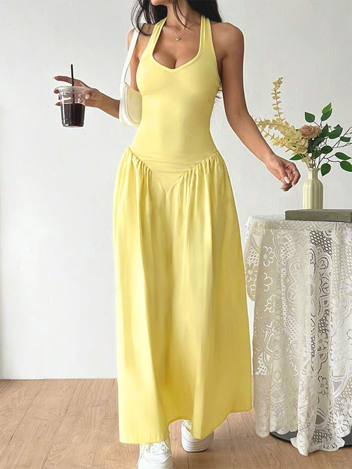 Yellow Pointed Waistline Halter Neck Dress