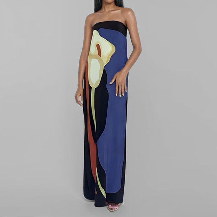 Blue Placement Print Off Shoulder Maxi Dress