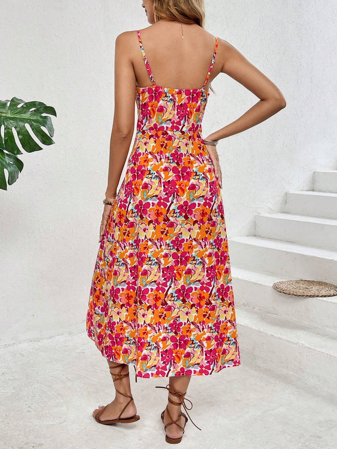 Multi Floral Printed Shoulder Strap Slit Dress