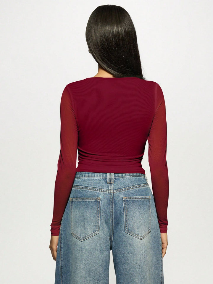 Maroon Full Sleeve Boat Neck Studded Top