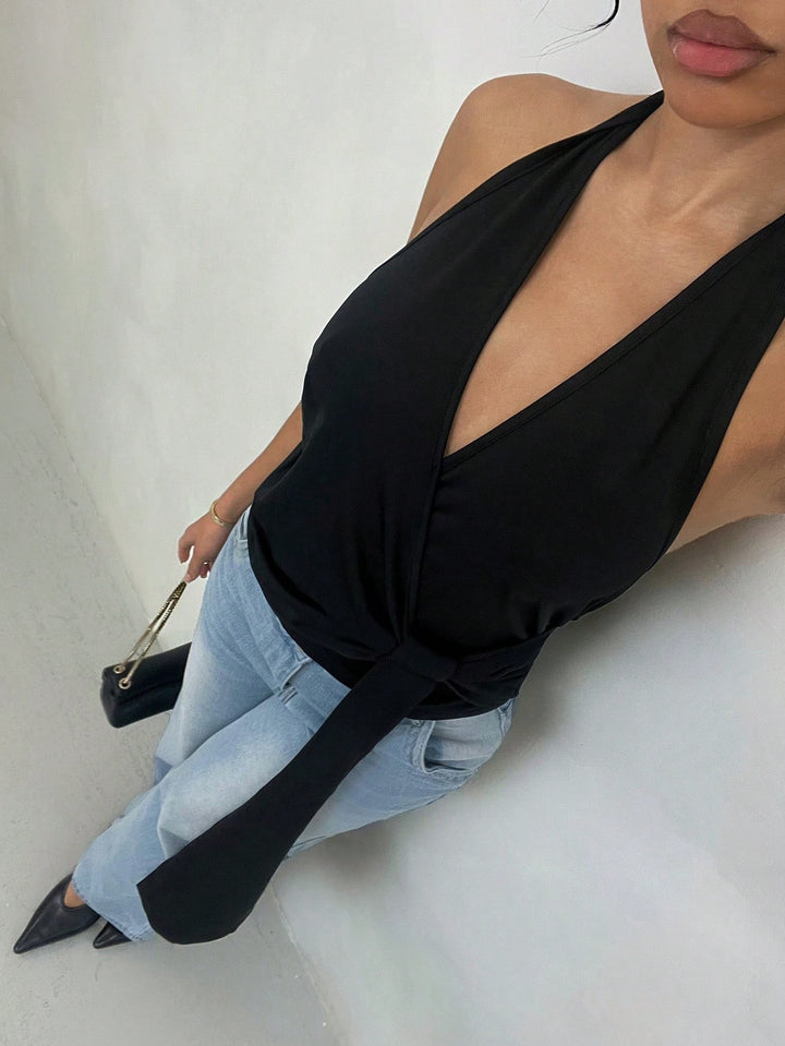 Black Halter Neck Wrap Top