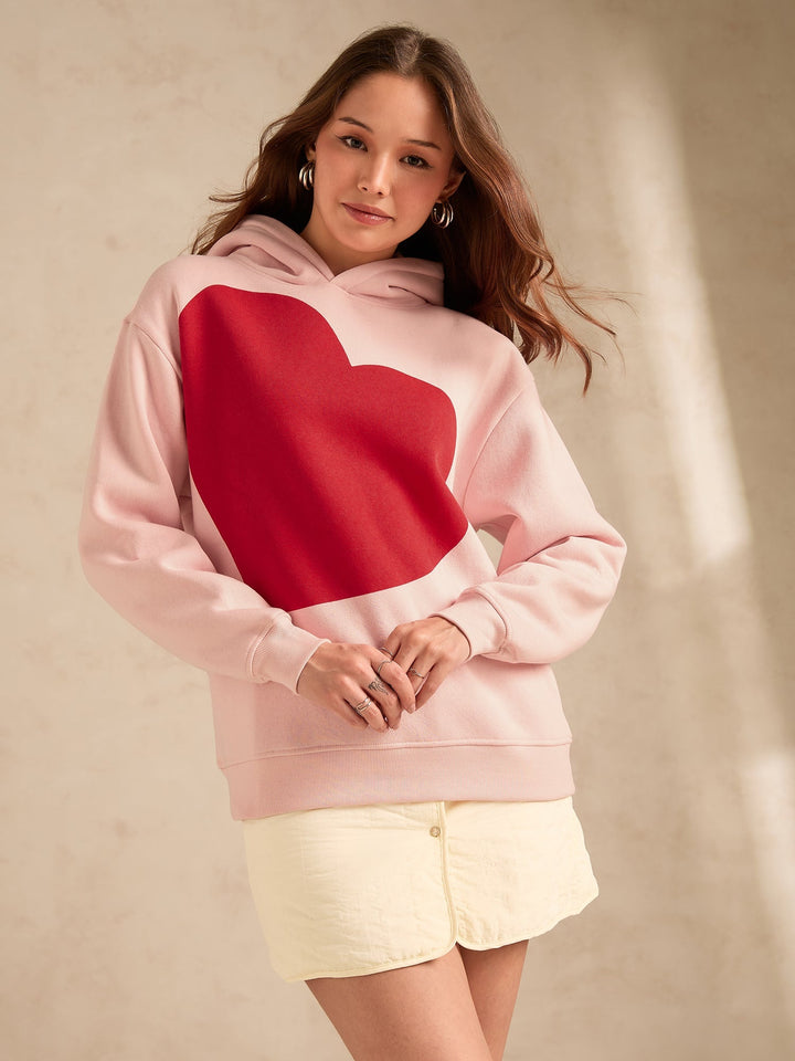 Pink Oversized Fleece Hoodie With Bold Heart Graphic