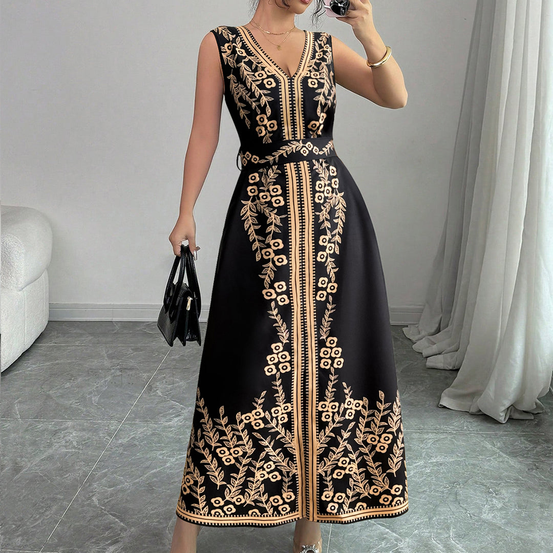 Black Printed Plunge Neck Maxi Dress