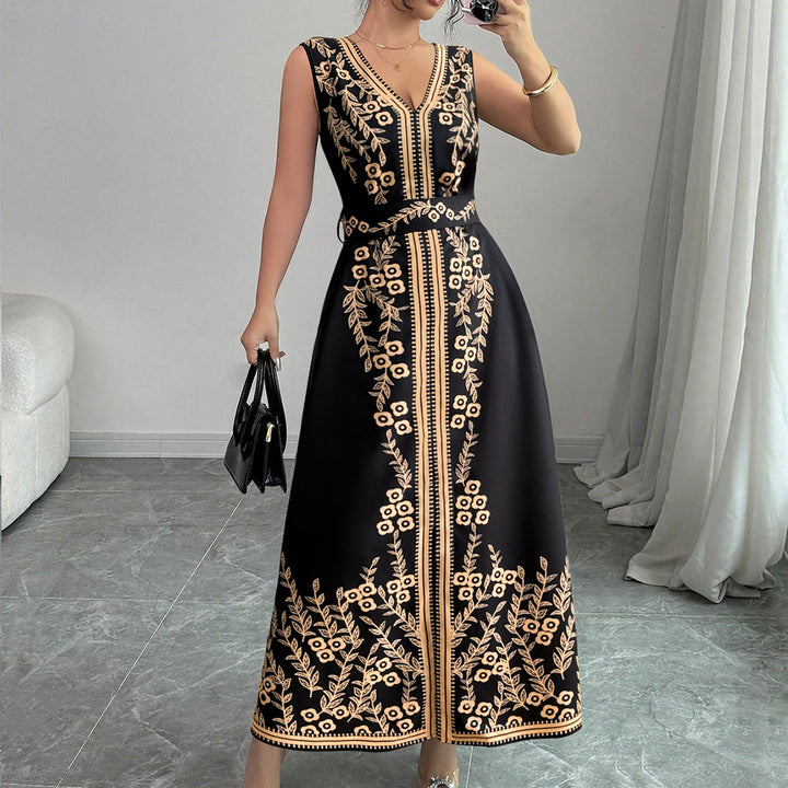 Black Printed Plunge Neck Maxi Dress