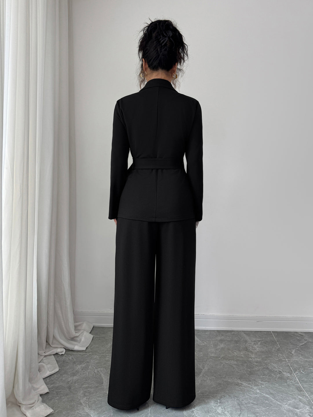 Black Full Sleeve Belted Detail Top And Pant Set