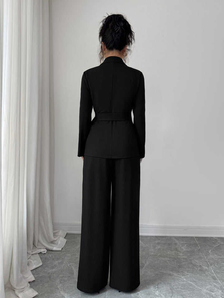 Black Full Sleeve Belted Detail Top And Pant Set