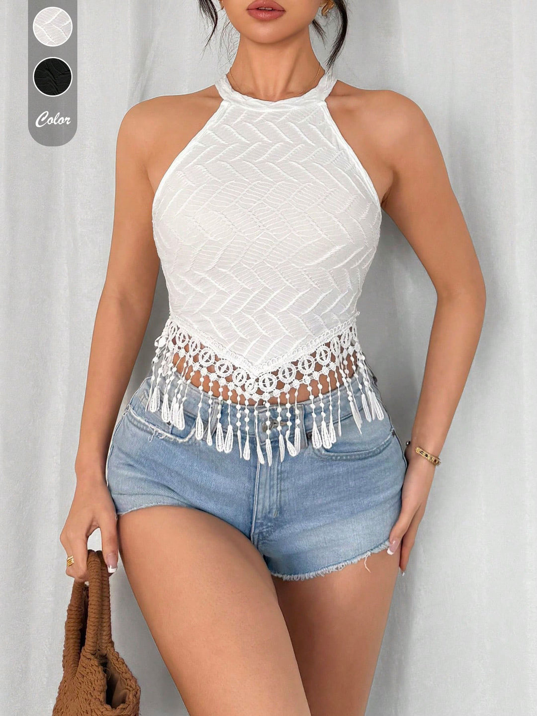 White Textured Knit  Tassel Hanging Top