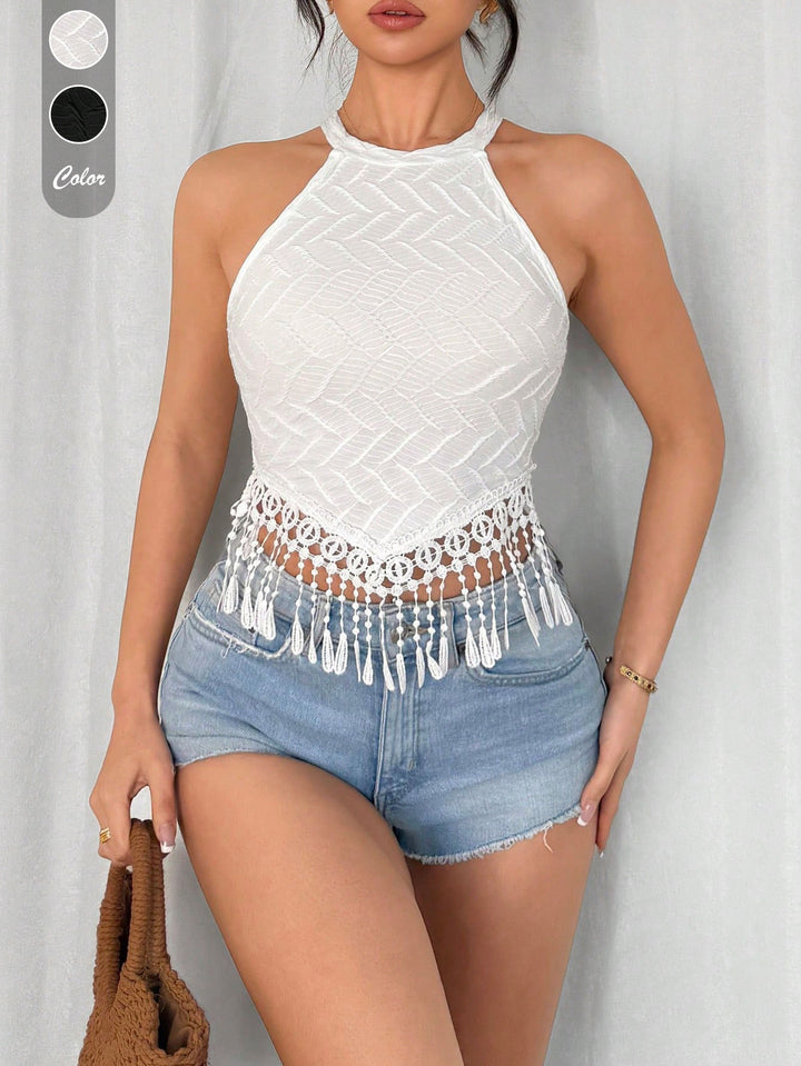 White Textured Knit  Tassel Hanging Top