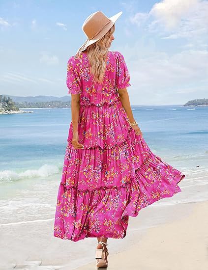 Pink Scoop Round Neck Printed Tiered Dress