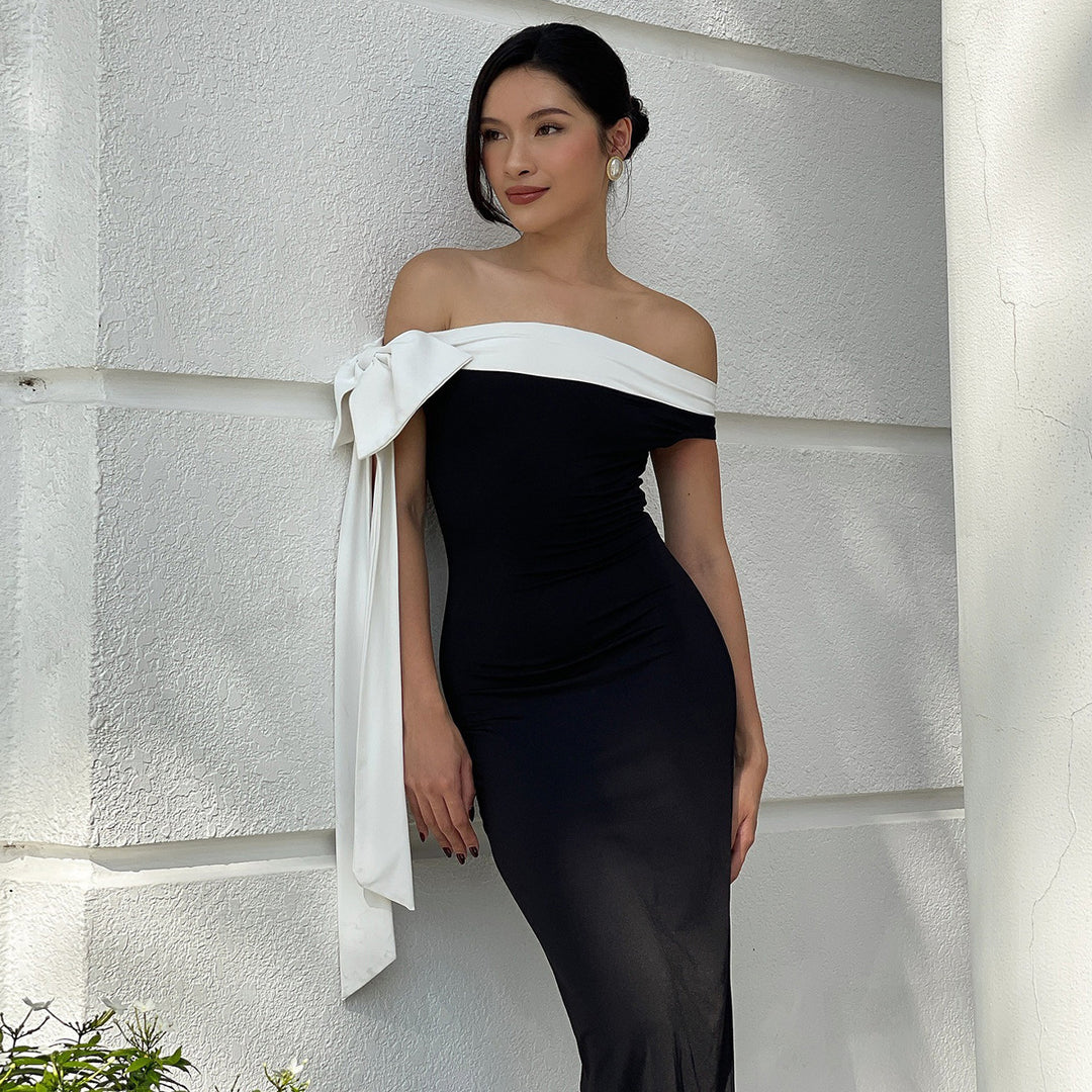 Black Off-Shoulder Maxi Dress With Contrast Neck