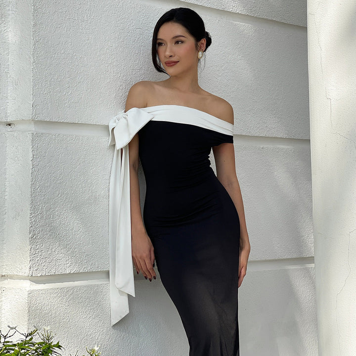 Black Off-Shoulder Maxi Dress With Contrast Neck