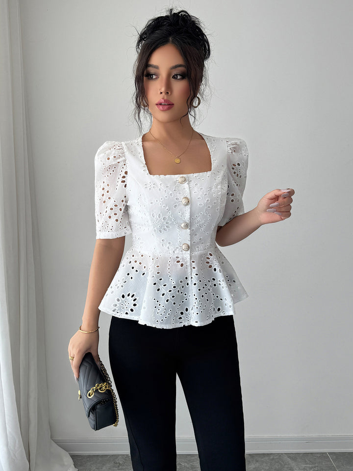 White Schiffly Peplum Top