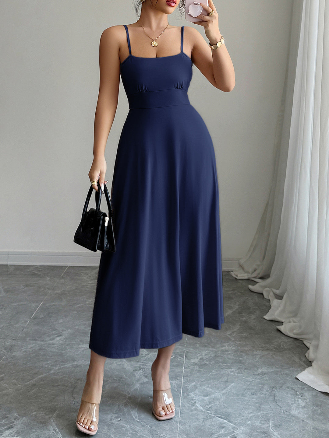 Navy Blue Strappy Solid Cinched Waist Dress