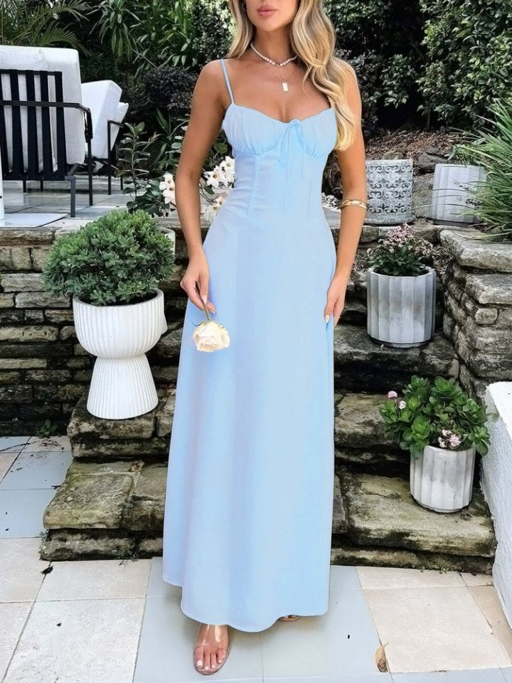 Light Blue Cinched Waist Solid Fit & Flare Dress