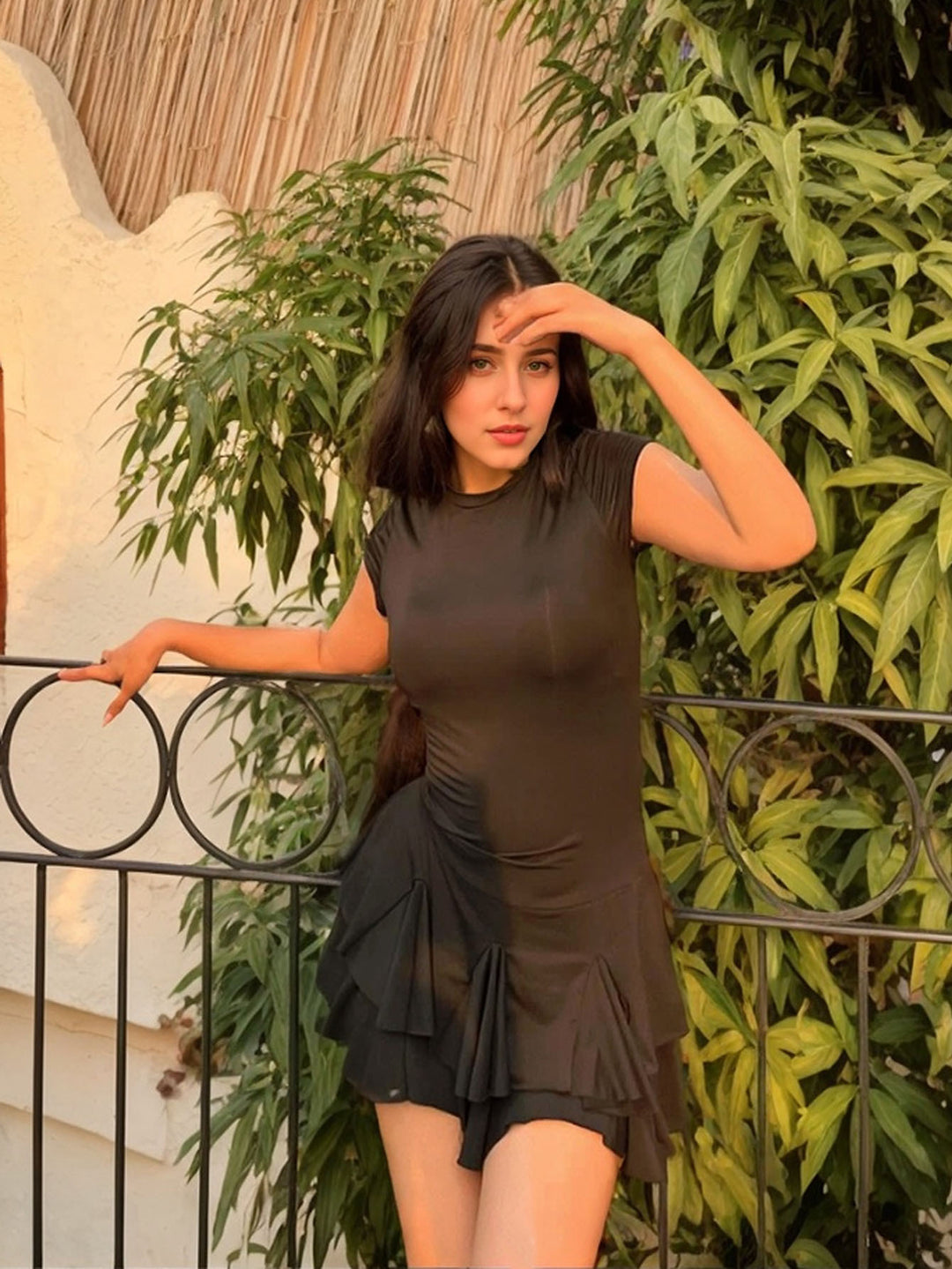 Black Short Sleeve Fringes Attached Dress