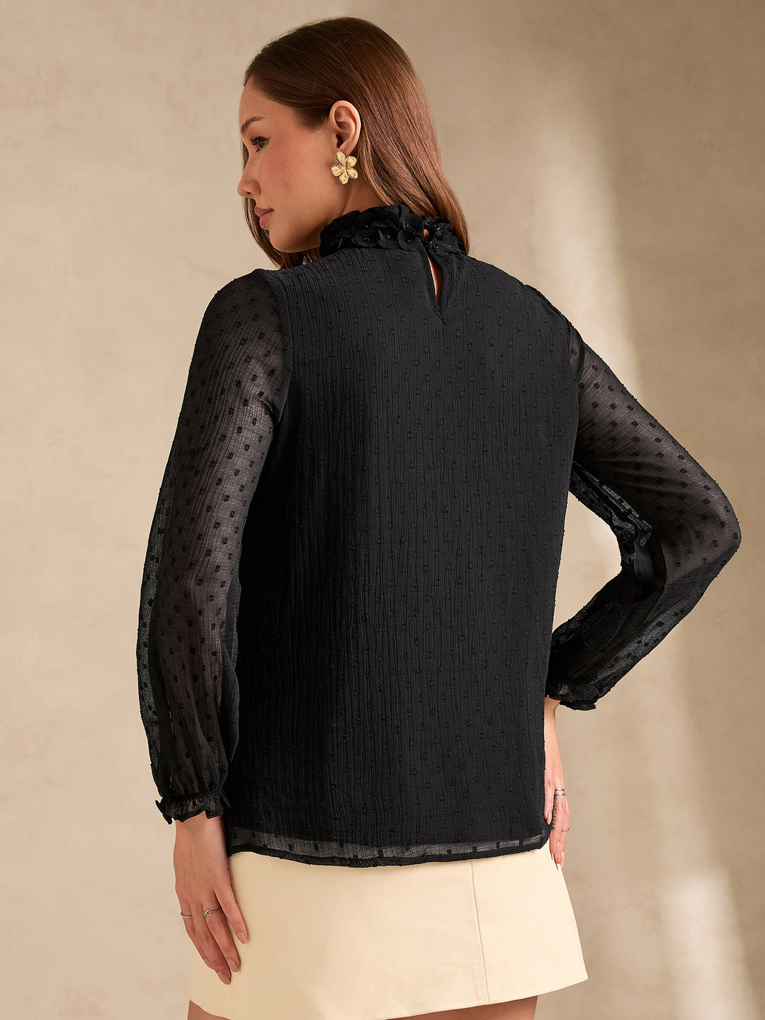 Black Textured Dobby Blouse With Floral Applique At Neck