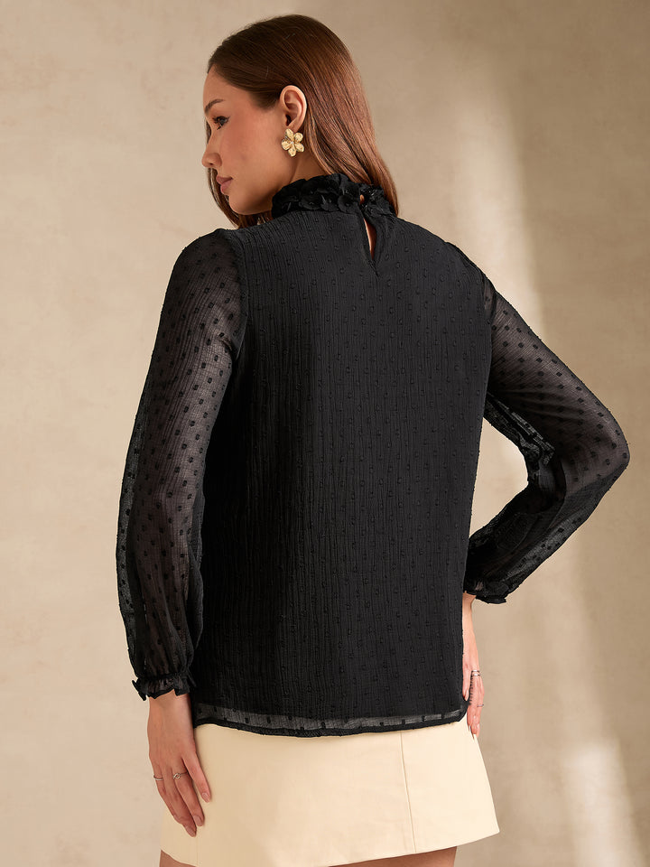 Black Textured Dobby Blouse With Floral Applique At Neck
