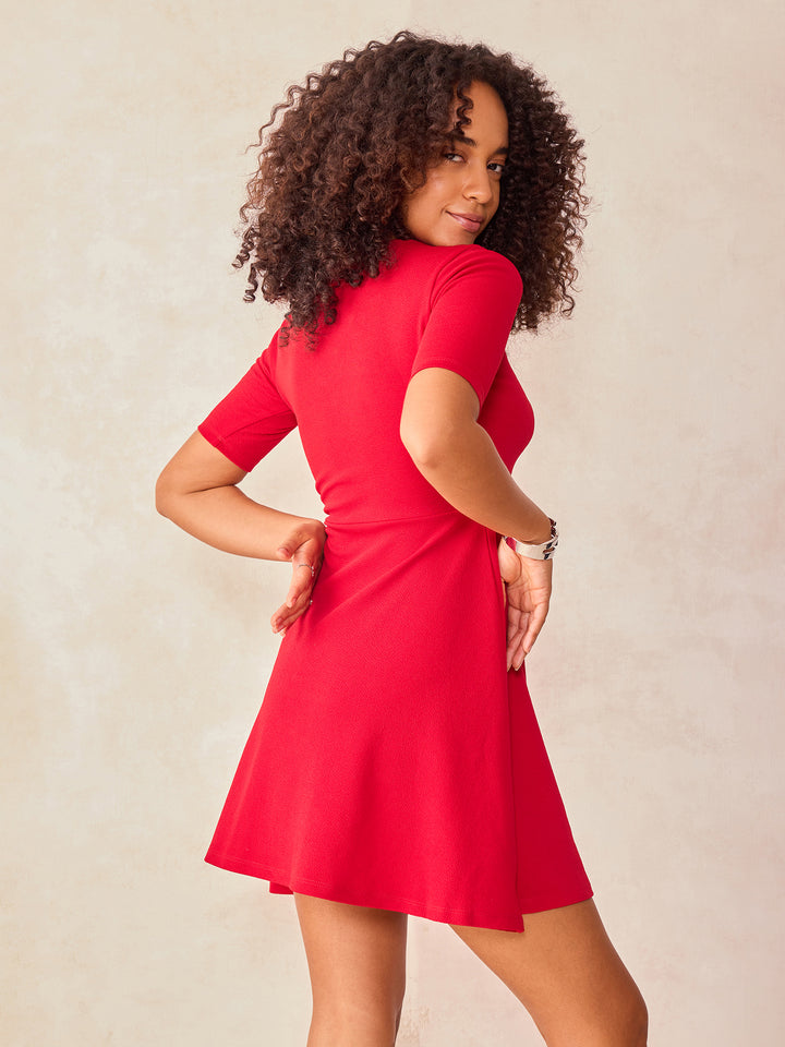 Red Plunge Tie Up Neck Dress