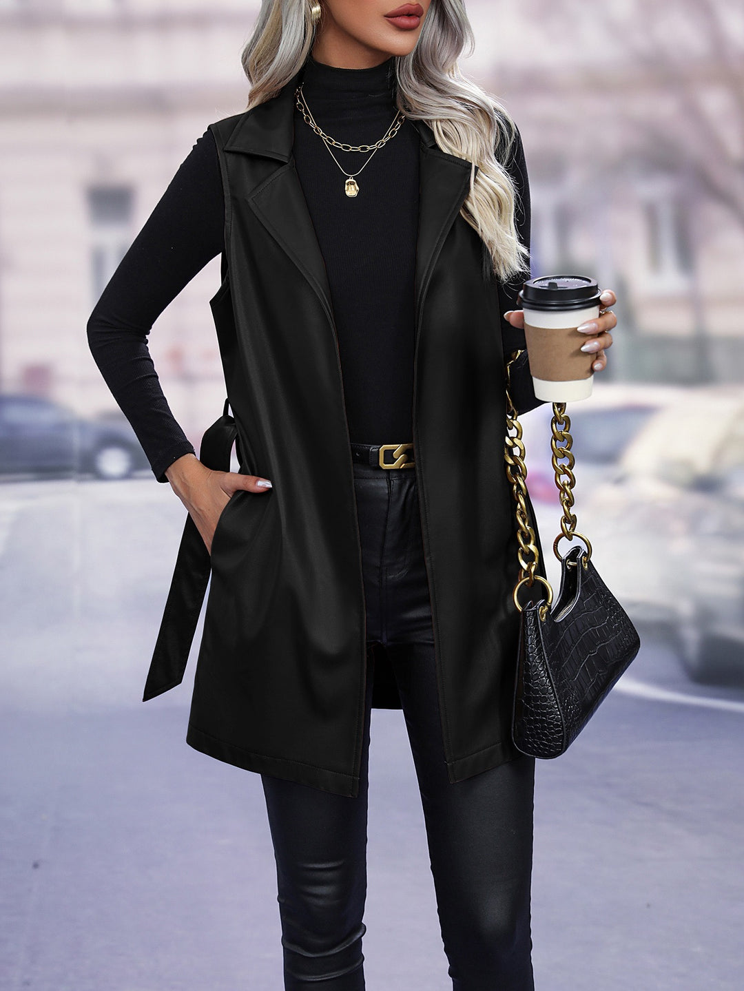 Black Longline Sleeveless Aviator Jacket With Belt