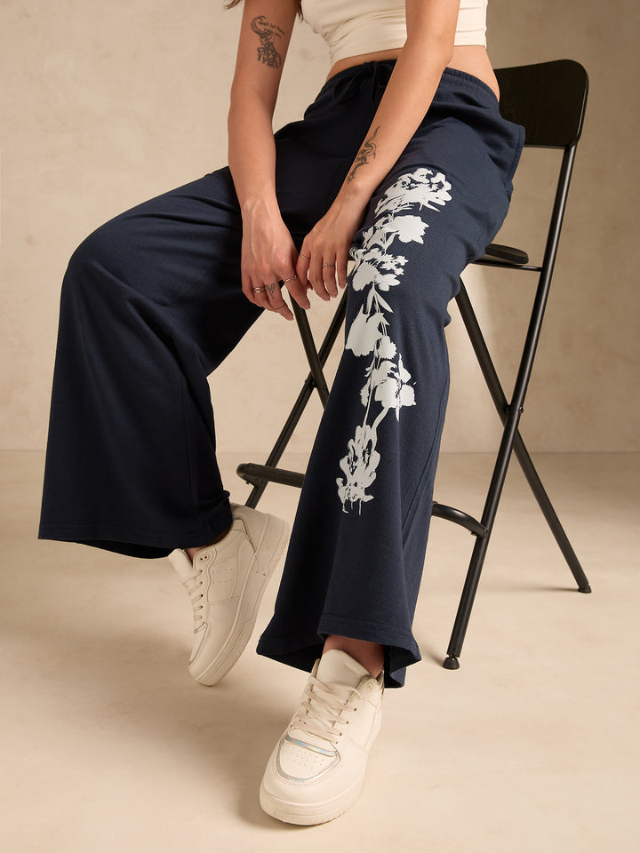 Navy Blue Cuffed Jogger With Side Graphic Print