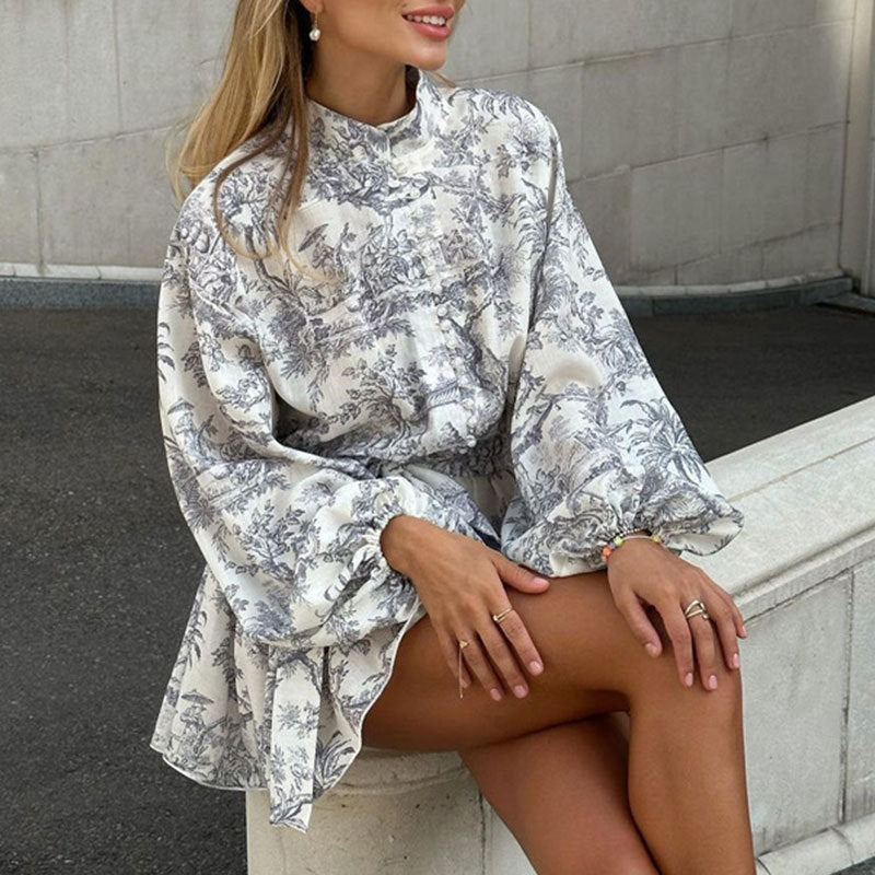 Grey Printed Balloon Sleeve Skater Dress