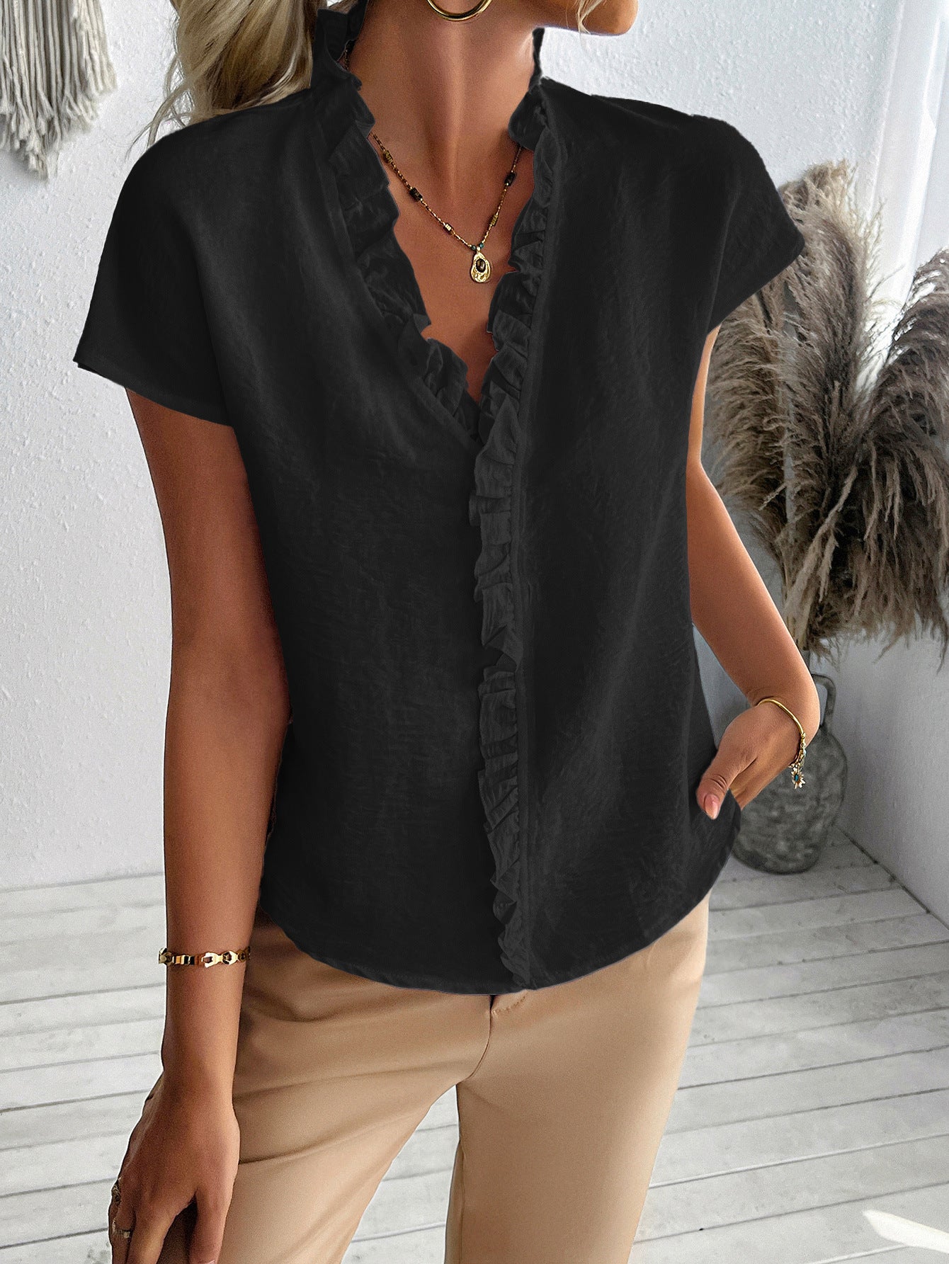 Black Half Sleeved Ruffle Detail Top