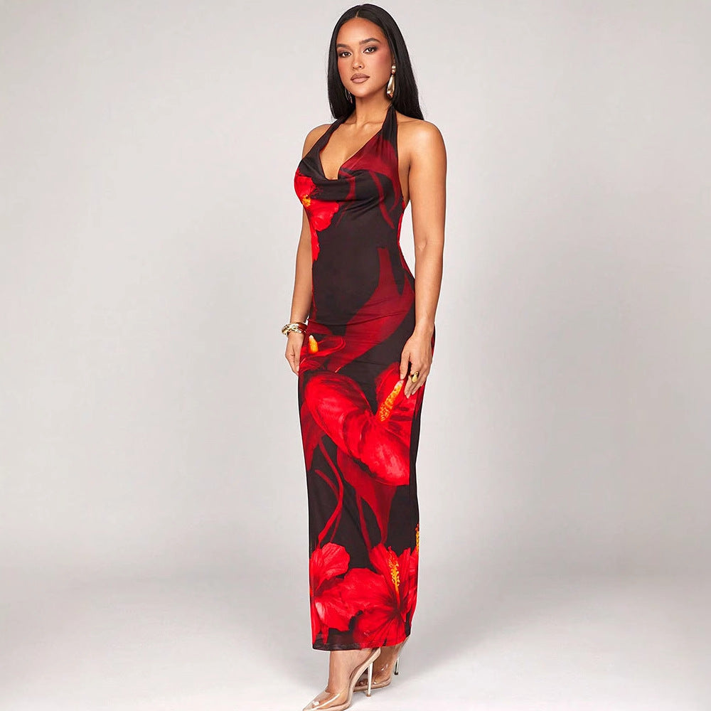 Red Halter Neck With Cowl Printed Dress