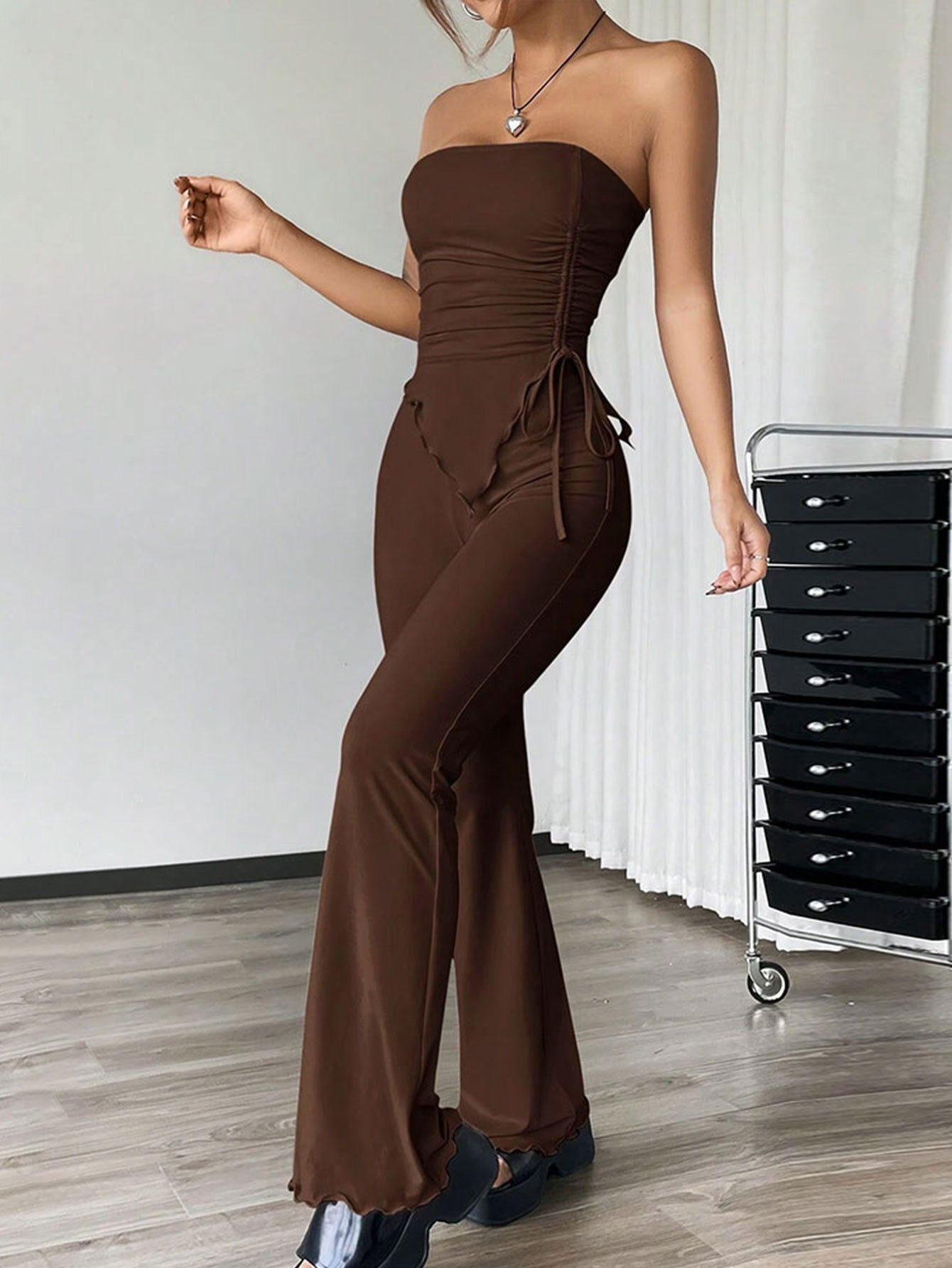 Brown Strapless Side Ruched Asymmetrical Hem Co-Ords Set