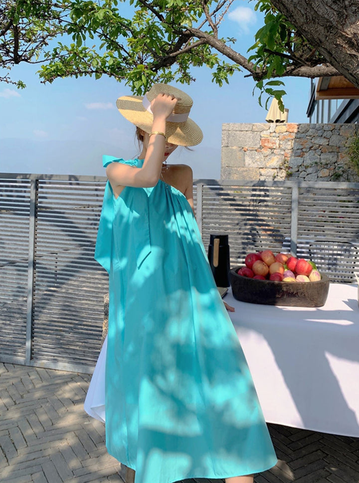 Blue One Shoulder Tie Up Flared Midi Dress