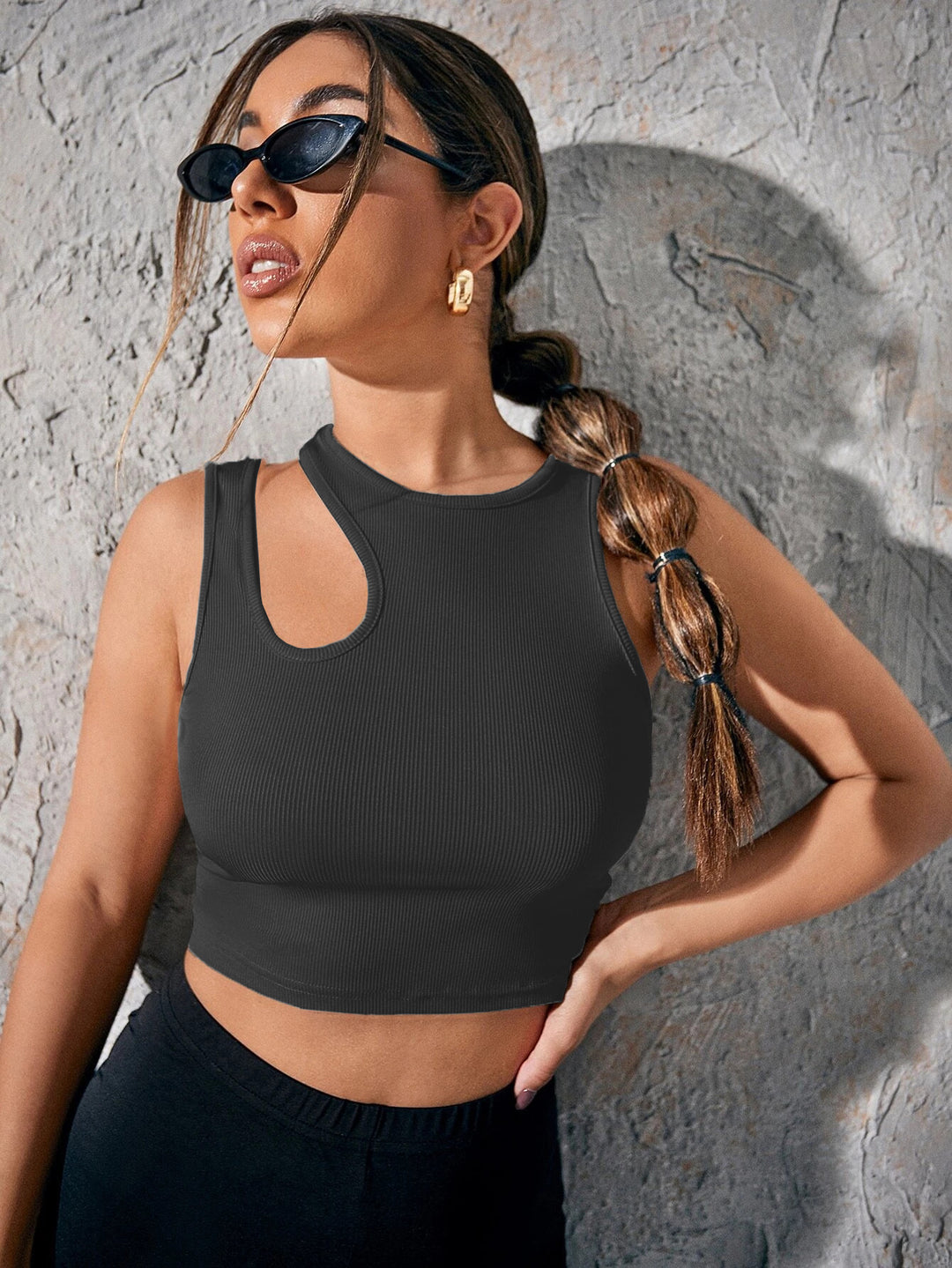 Grey Sleeveless Cut-Out Tank Top