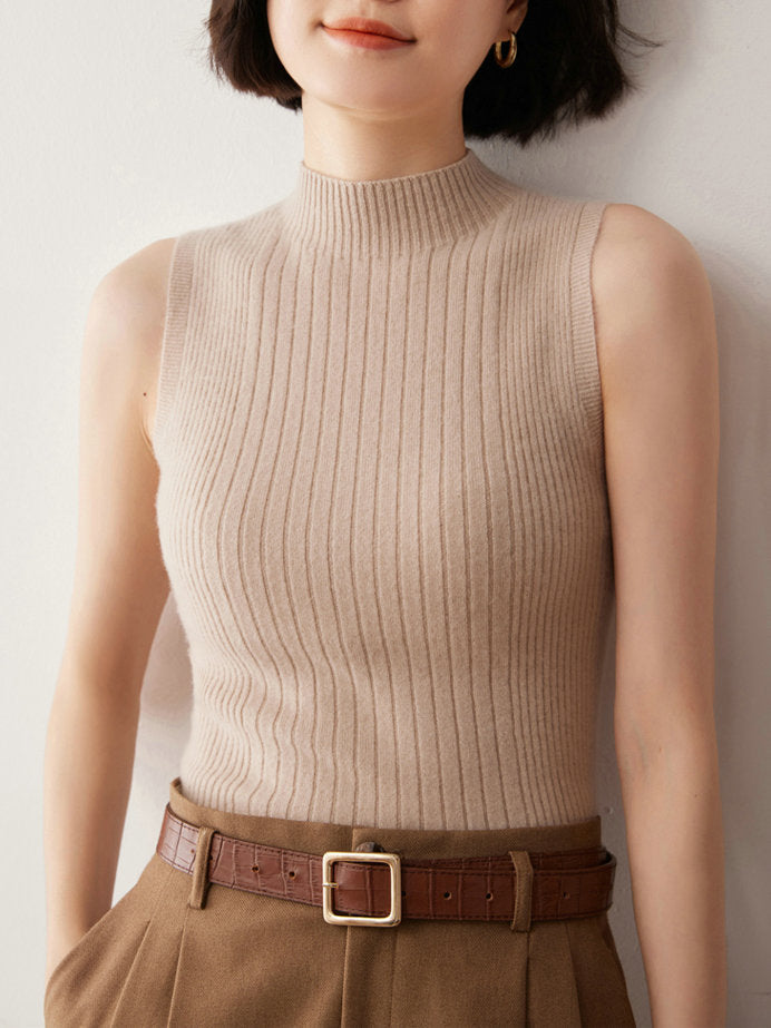 Khaki High Neck Solid Basic Tank