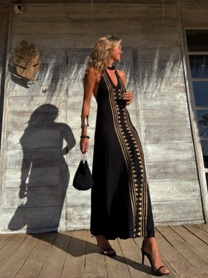 Black Abstract Printed Halter Neck Dress
