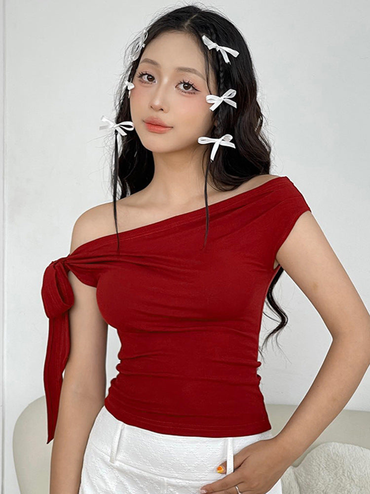 Red Off-Shoulder Tie Up Strap Top