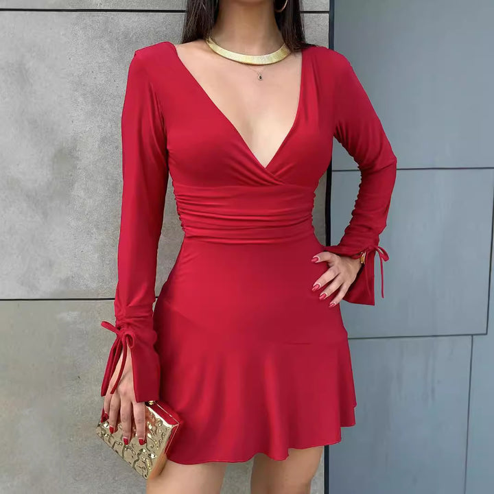 Red V-Neck Long Sleeve Mini Dress