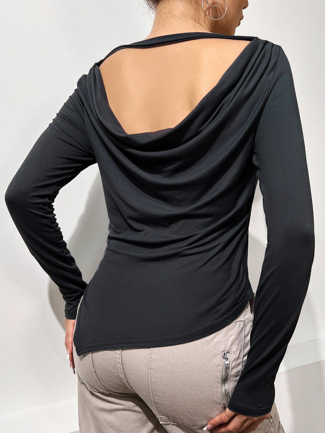 Grey Boat Neck Back Cowl Top