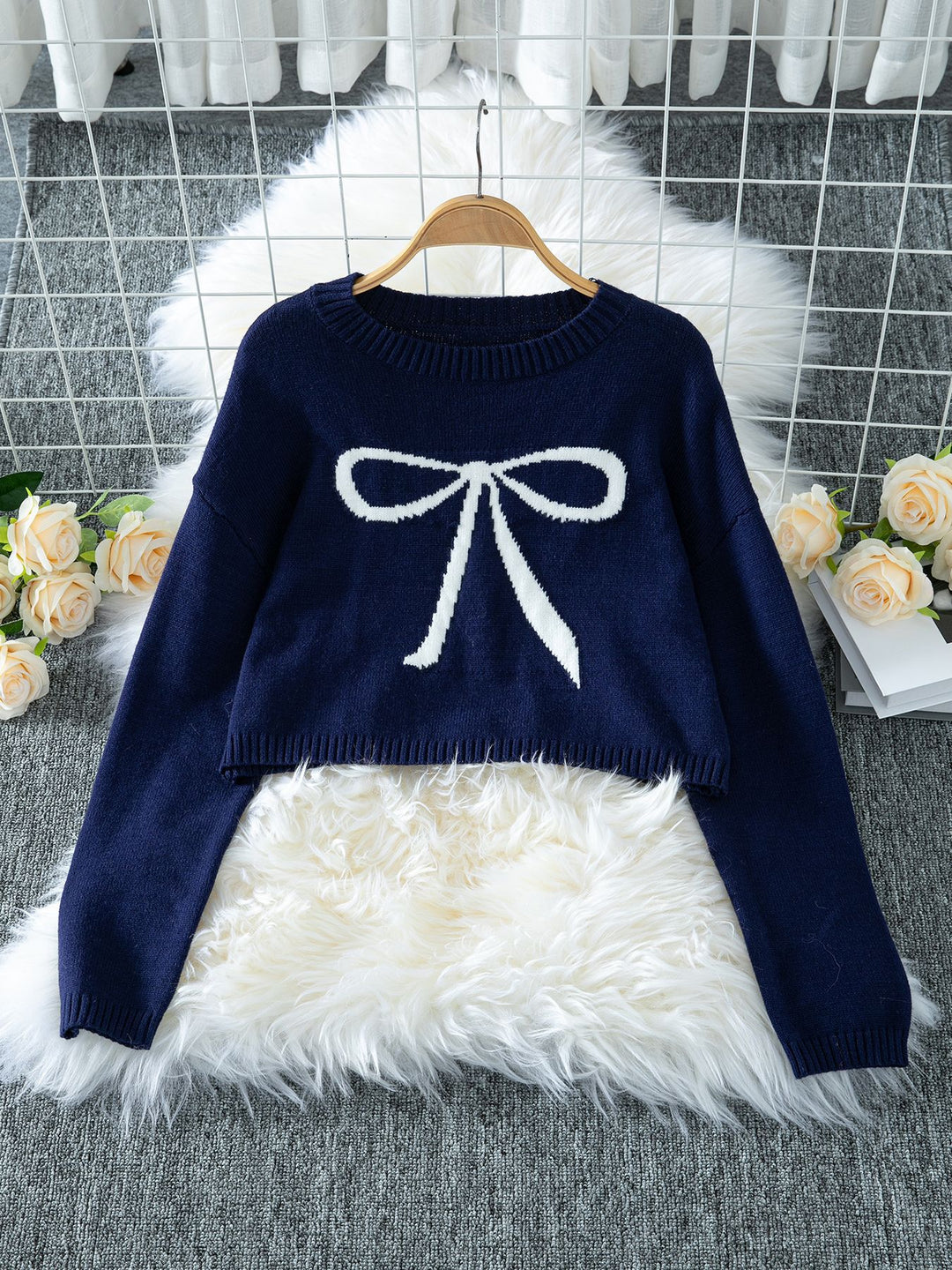 Navy Blue Full Sleeves Printed Relaxed Sweater