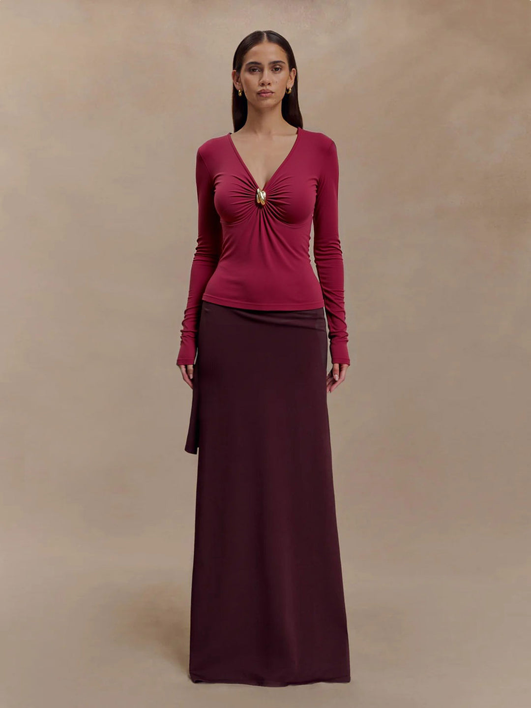 Red Full Sleeve Buckle Detail Top