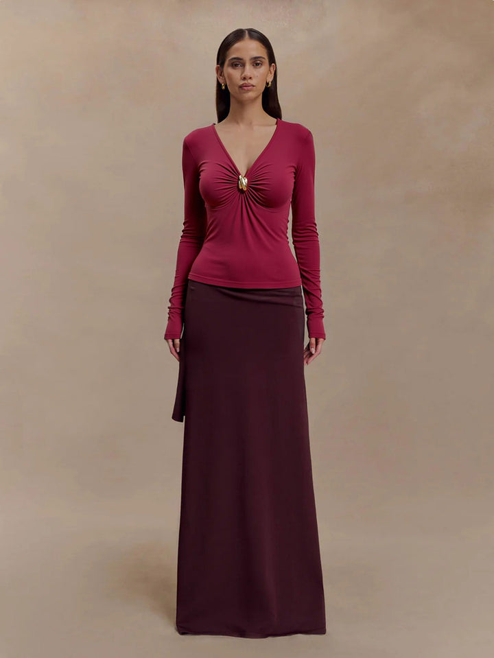 Red Full Sleeve Buckle Detail Top