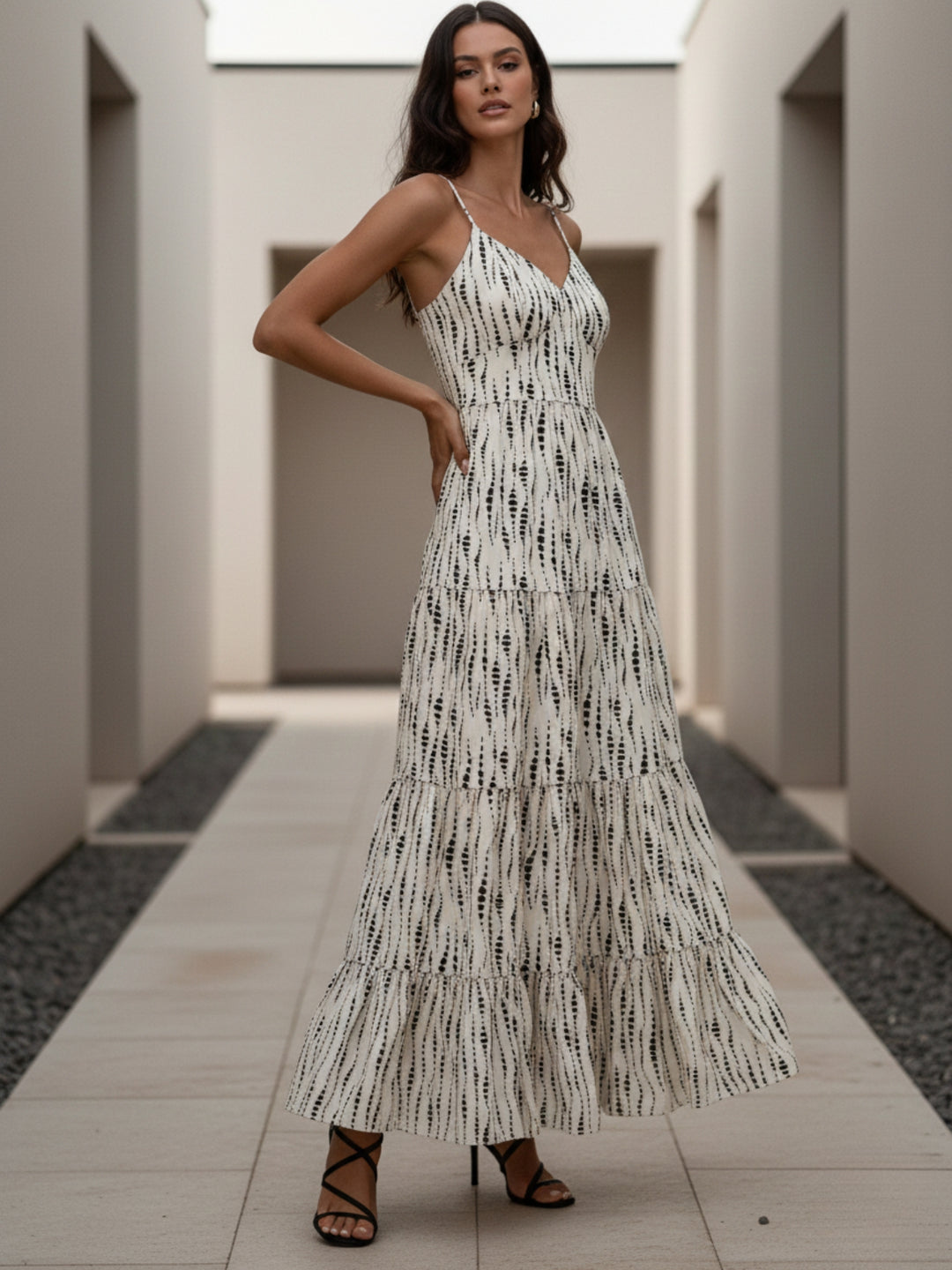 Cream Shoulder Strap Back Bow Tiered Dress