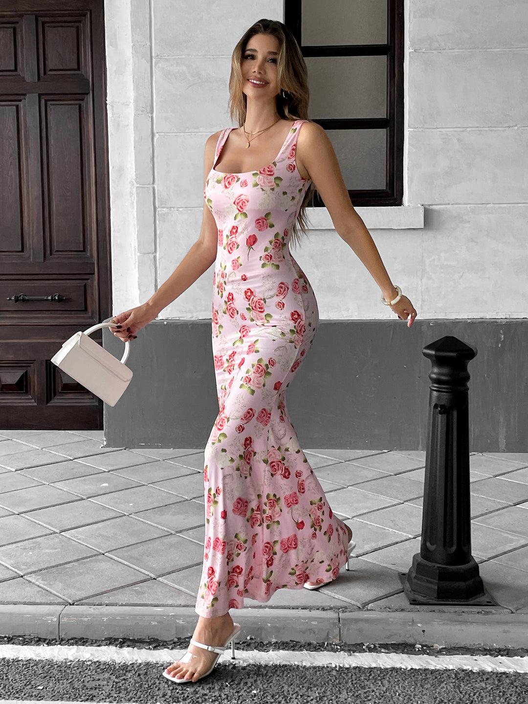 Pink Floral Printed Sleeveless  Dress