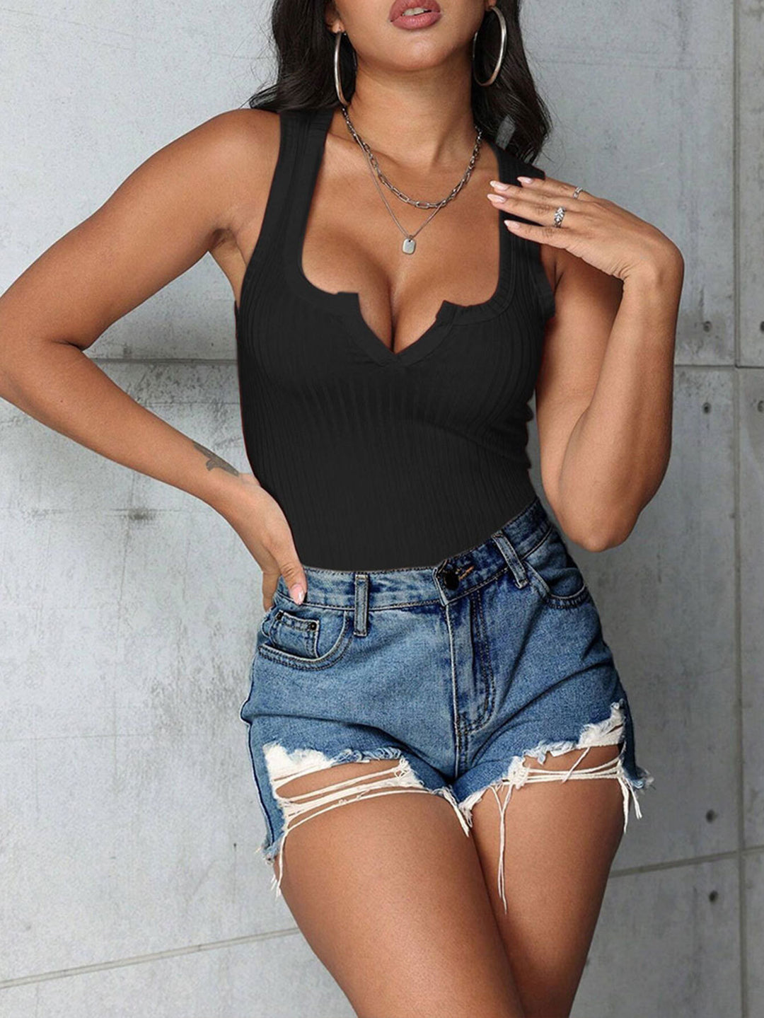 Black Shoulder Strap V Notch Top