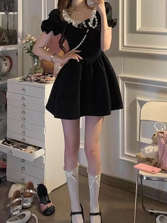 Black Puff Sleeve Mini Dress With Lace Detail