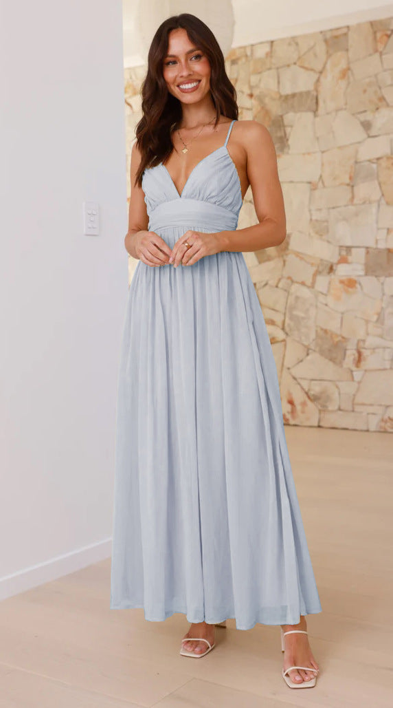 Blue Plunge Neck Flowy Maxi