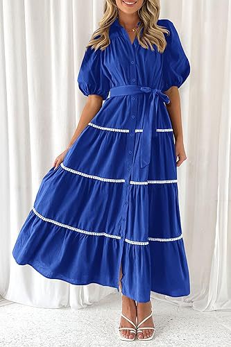 Navy Blue Button Down Puff Sleeved Shirt Dress