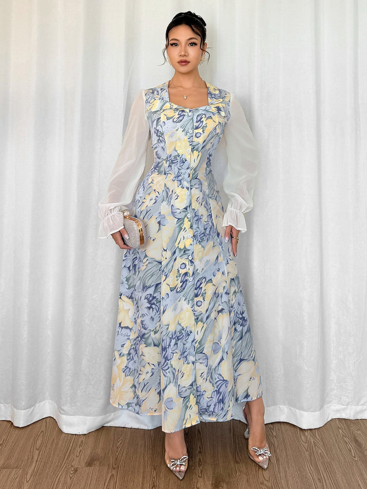 Multi Bishop Sleeve Collared Neck Dress