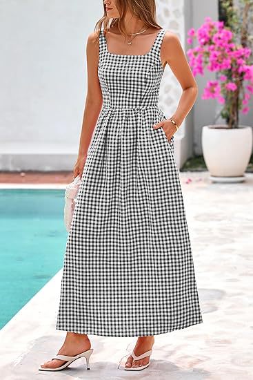 Black Striped Square Neck Cinched Waist Dress